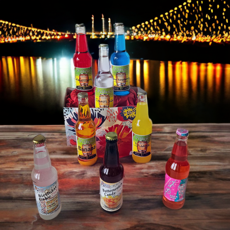 Decorative image of 8 of our flavors of bottled soda. 