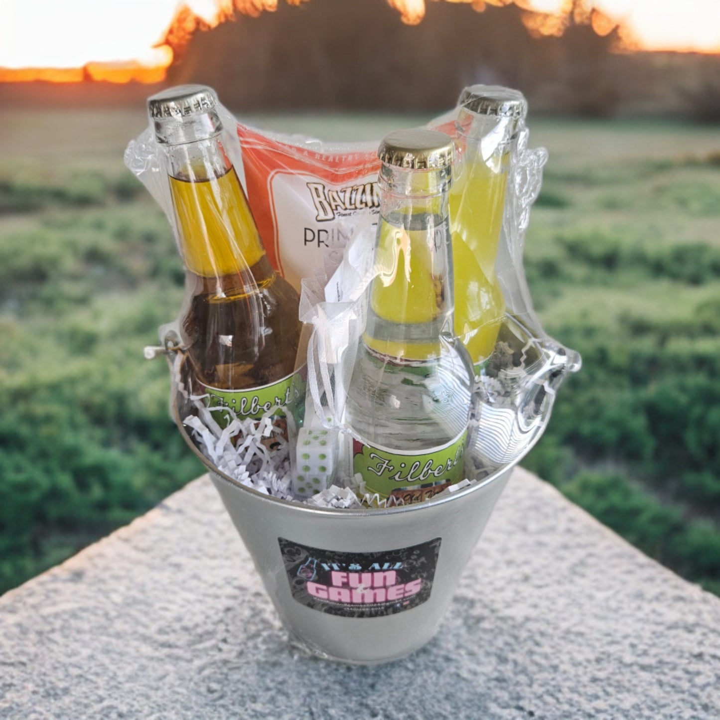 Decorative image of three flavored sodas in a bucket. 