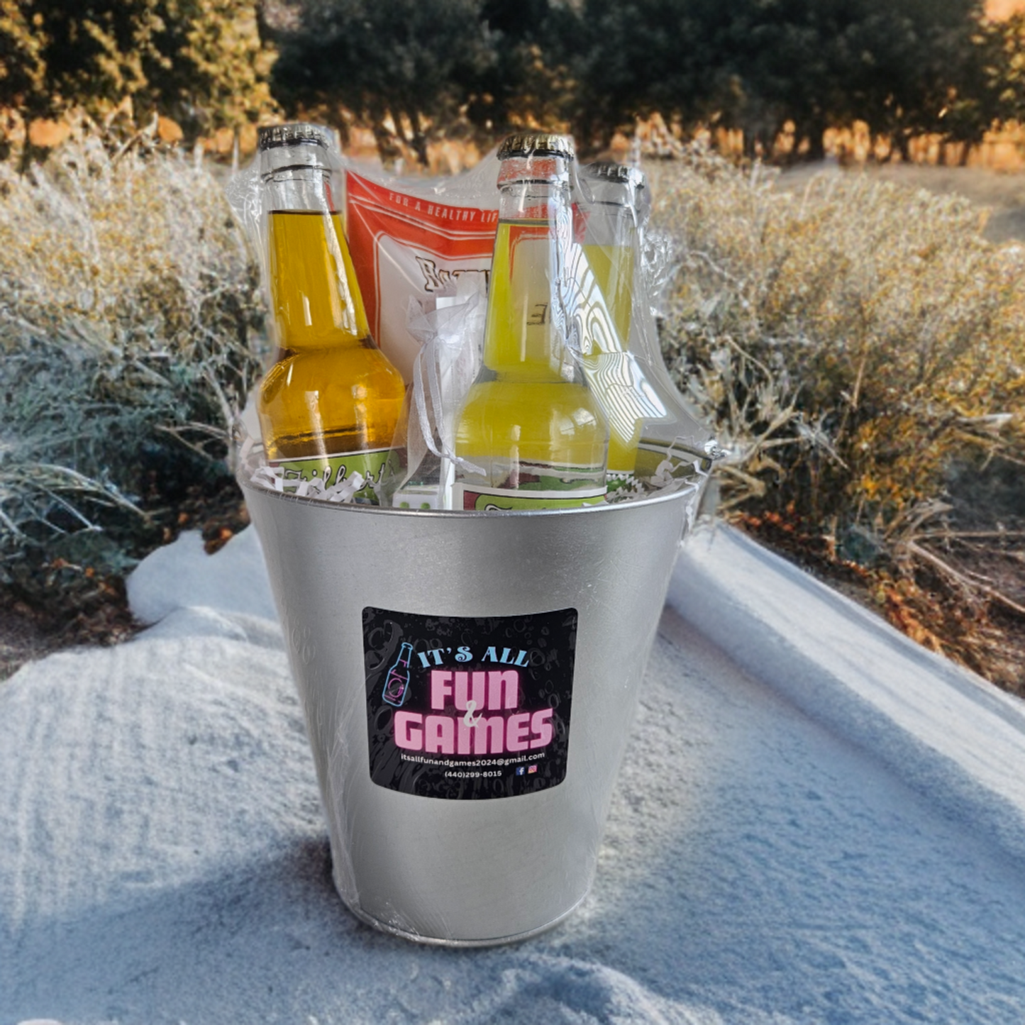 Decorative image of three flavored sodas in a bucket. 