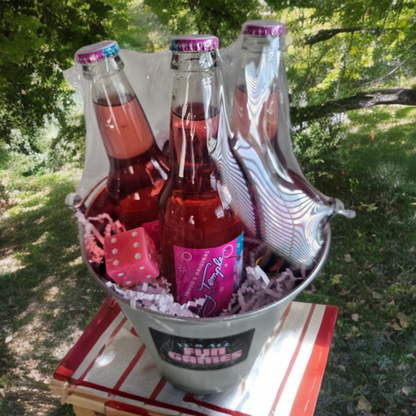 Decorative image of three flavored sodas in a bucket. 