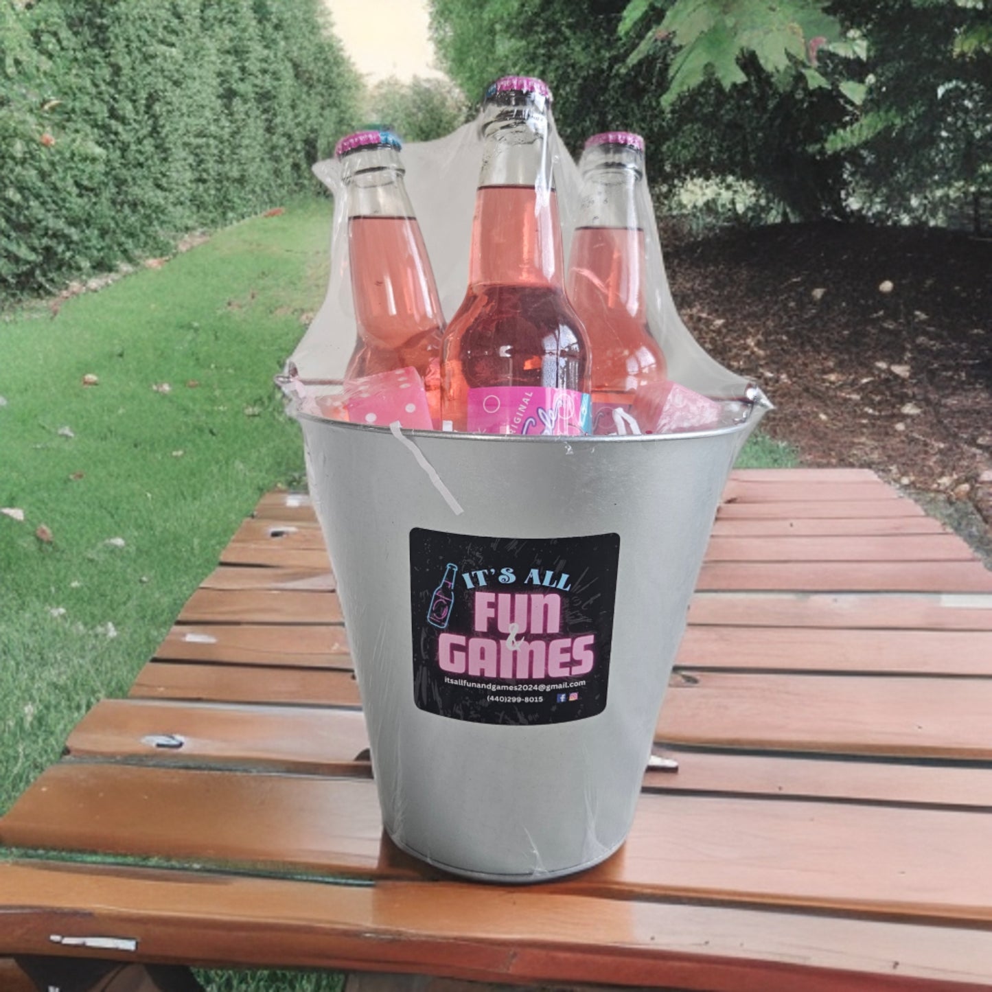 Decorative image of three flavored sodas in a bucket. 