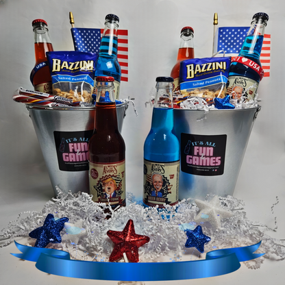 Decorative image of 2 buckets with 1 of each bottle, Trump and Biden. 