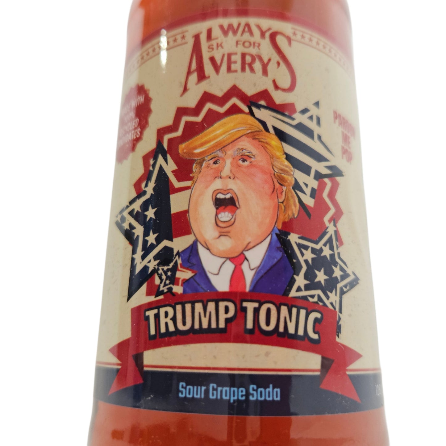 Close up of Trump bottle.  Flavor is sour Grape. 